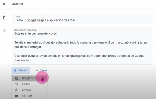 Imagen 13. Ventana para incorporar material de Drive (elaboración propia)