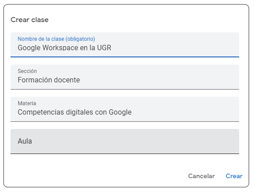 Imagen 2. Menú de crear clase (elaboración propia)